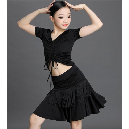 Girls kids wine black white colored fringed latin dance dresses latin ballroom stage performance costumes for children